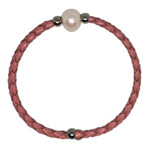 Braided Pink Leather Bracelet With Freshwater Pearl &‎ Silver Accents For Women